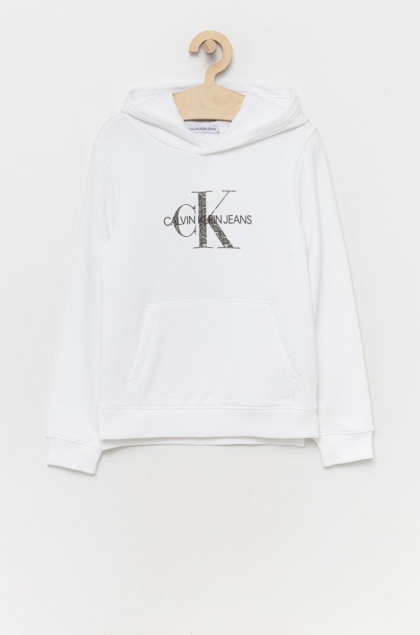 

Детски памучен суичър Calvin Klein Jeans в бяло с принт, Бял