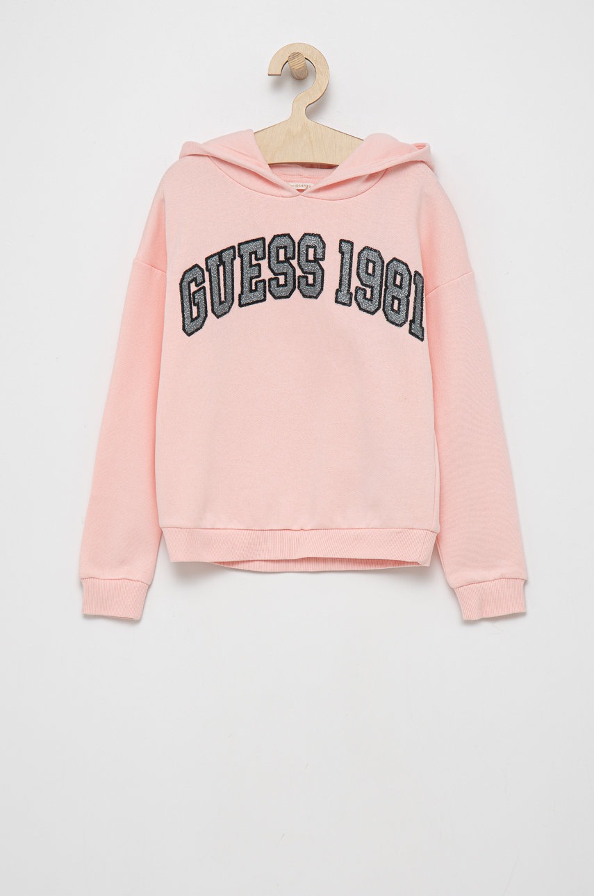 

Детски суичър Guess в розово с изчистен дизайн, Розов