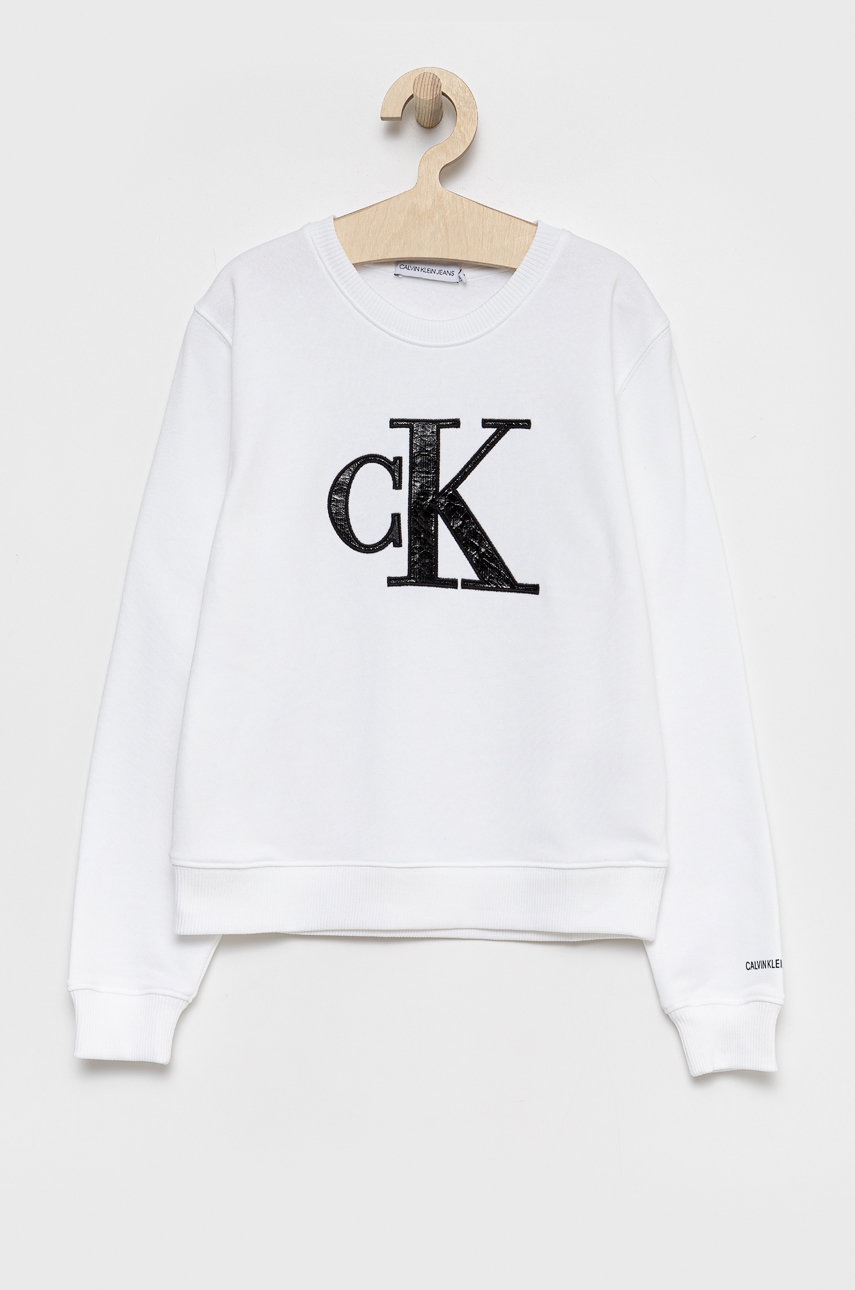 

Детски памучен суичър Calvin Klein Jeans в бяло с апликация, Бял