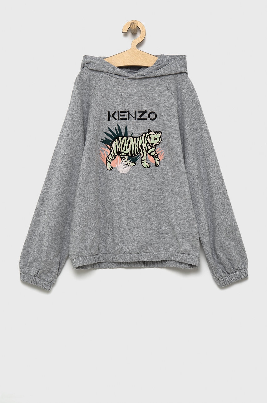 Kenzo Kids Bluza bawełniana dziecięca kolor szary z kapturem z nadrukiem
