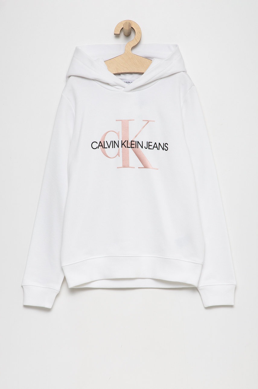 

Детски памучен суичър Calvin Klein Jeans в бяло с принт, Бял
