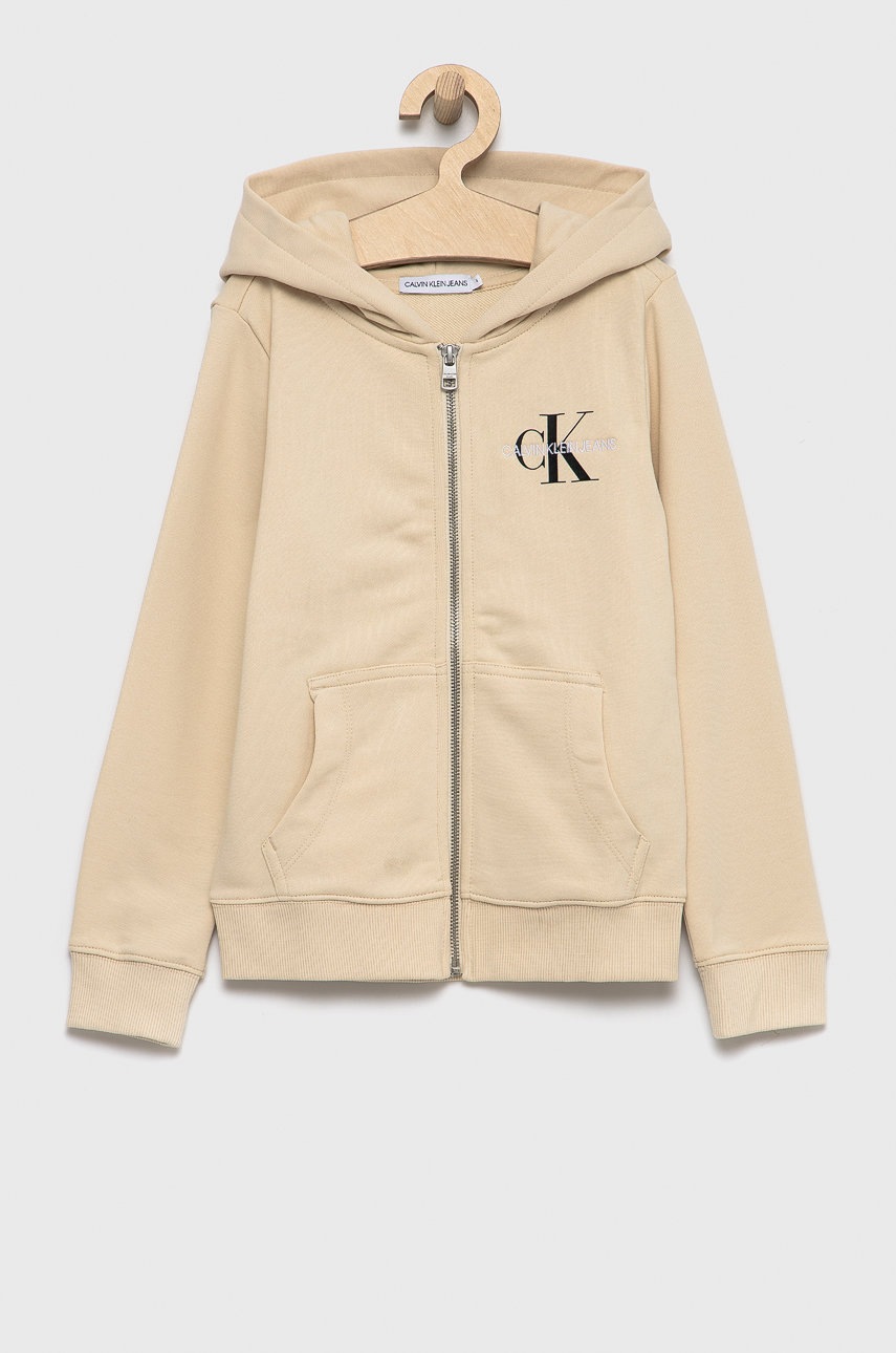 

Детски памучен суичър Calvin Klein Jeans в кремаво с принт, Бежов