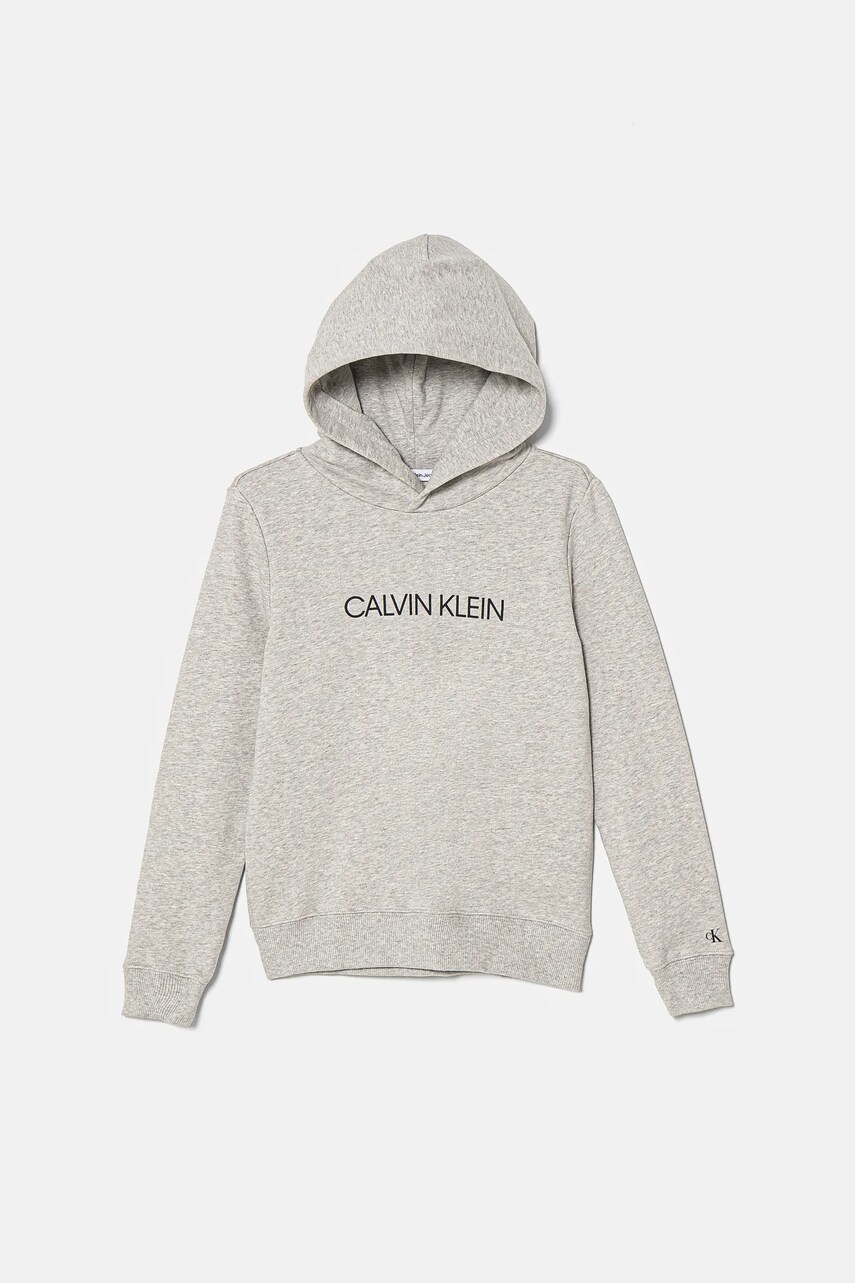 Levně Dětská bavlněná mikina Calvin Klein Jeans šedá barva, s kapucí, s potiskem