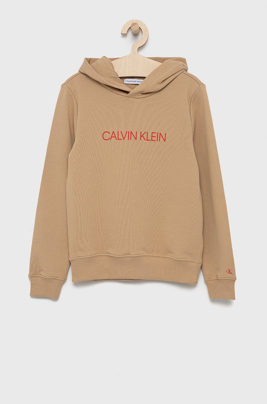 

Детски памучен суичър Calvin Klein Jeans в жълто с принт, Бежов