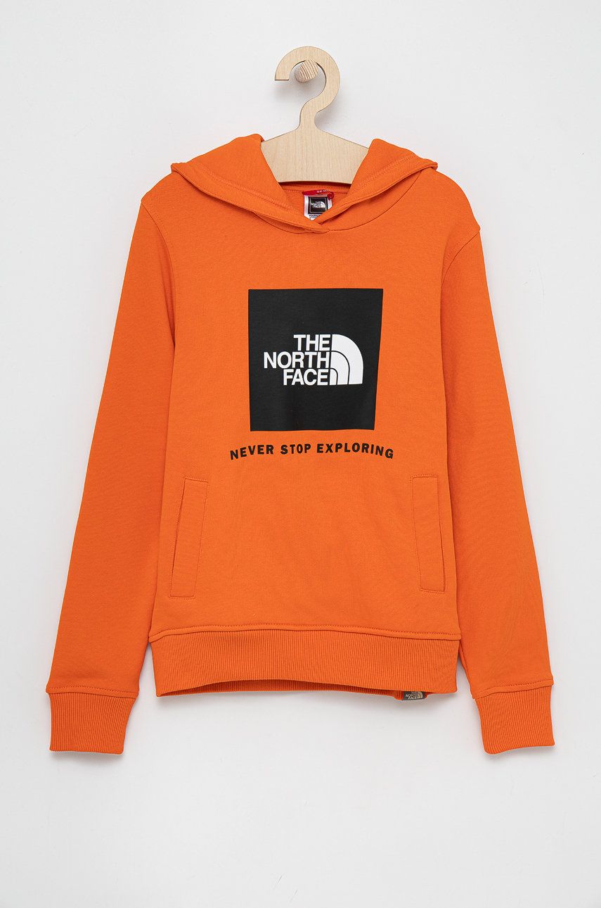 The North Face Bluza bawełniana dziecięca kolor pomarańczowy z kapturem z nadrukiem