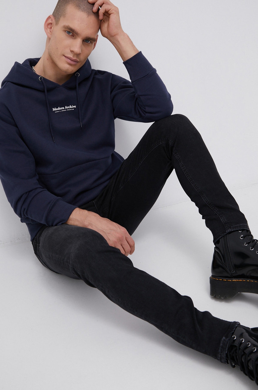 Premium by jack&jones hanorac de bumbac bărbați, culoarea albastru marin, material neted