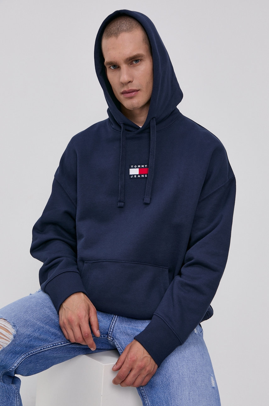 Tommy Jeans Hanorac de bumbac bărbați, culoarea albastru marin, cu imprimeu