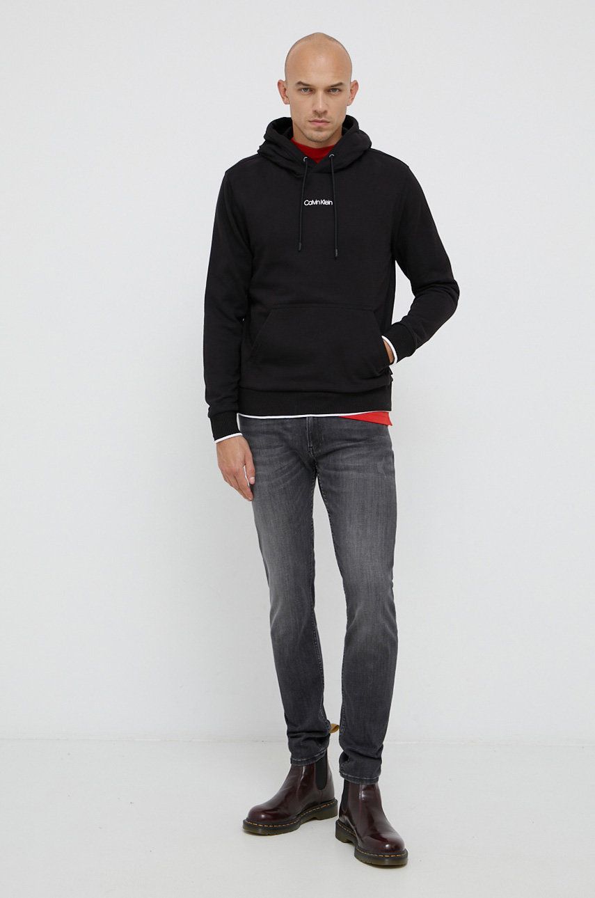 Calvin Klein Bluza bawełniana męska kolor czarny z kapturem z nadrukiem