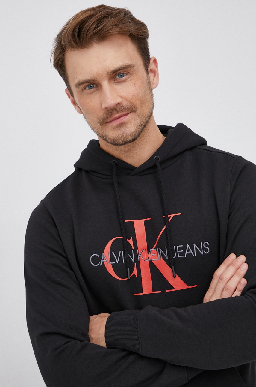

Памучен суичър Calvin Klein Jeans мъжки в черно с принт, Черен