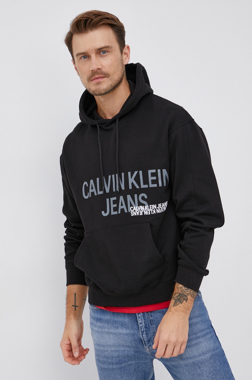 

Памучен суичър Calvin Klein Jeans мъжки в черно с принт, Черен