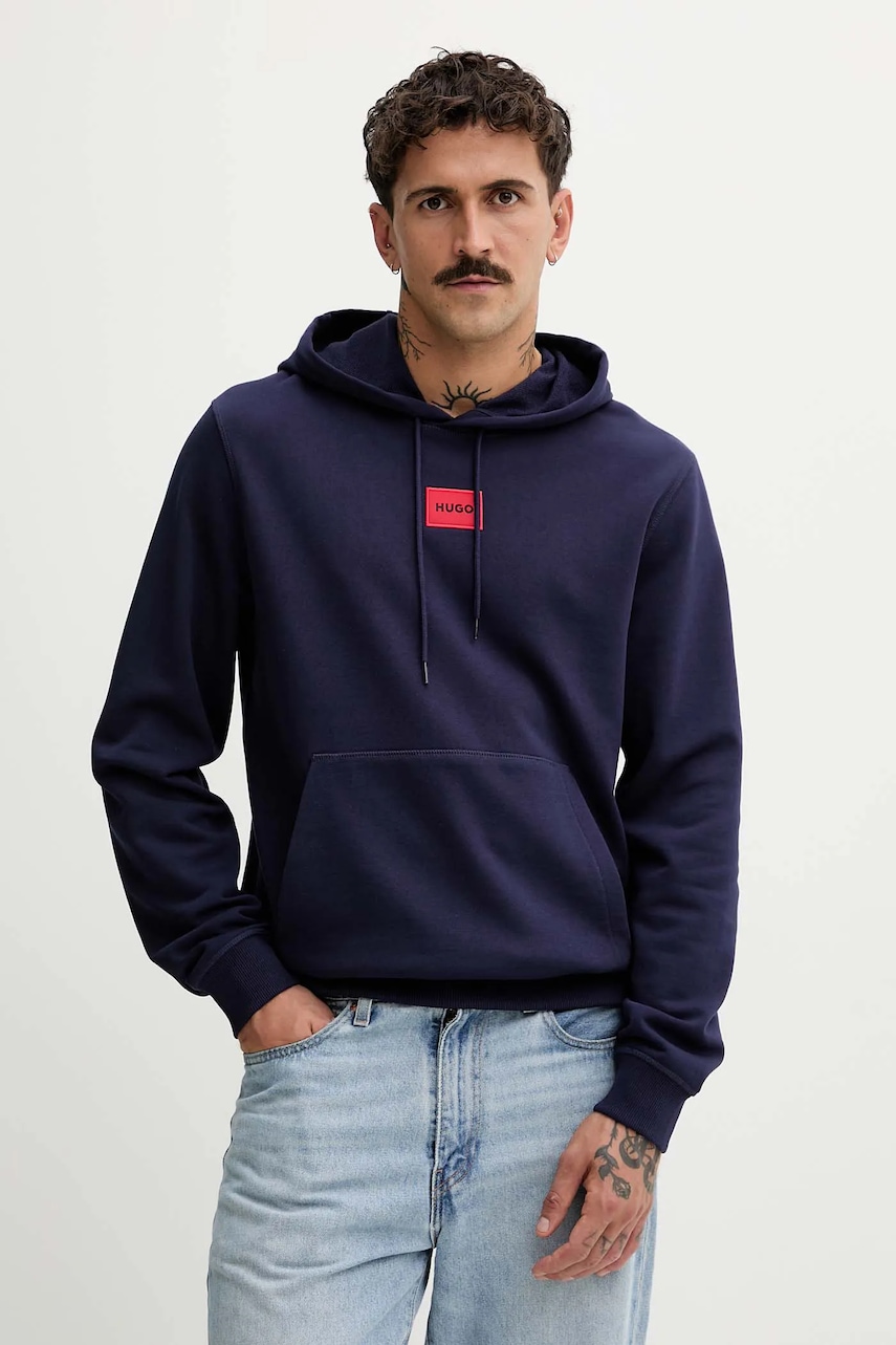 HUGO hanorac de bumbac culoarea negru, cu glugă, cu imprimeu, 50458700