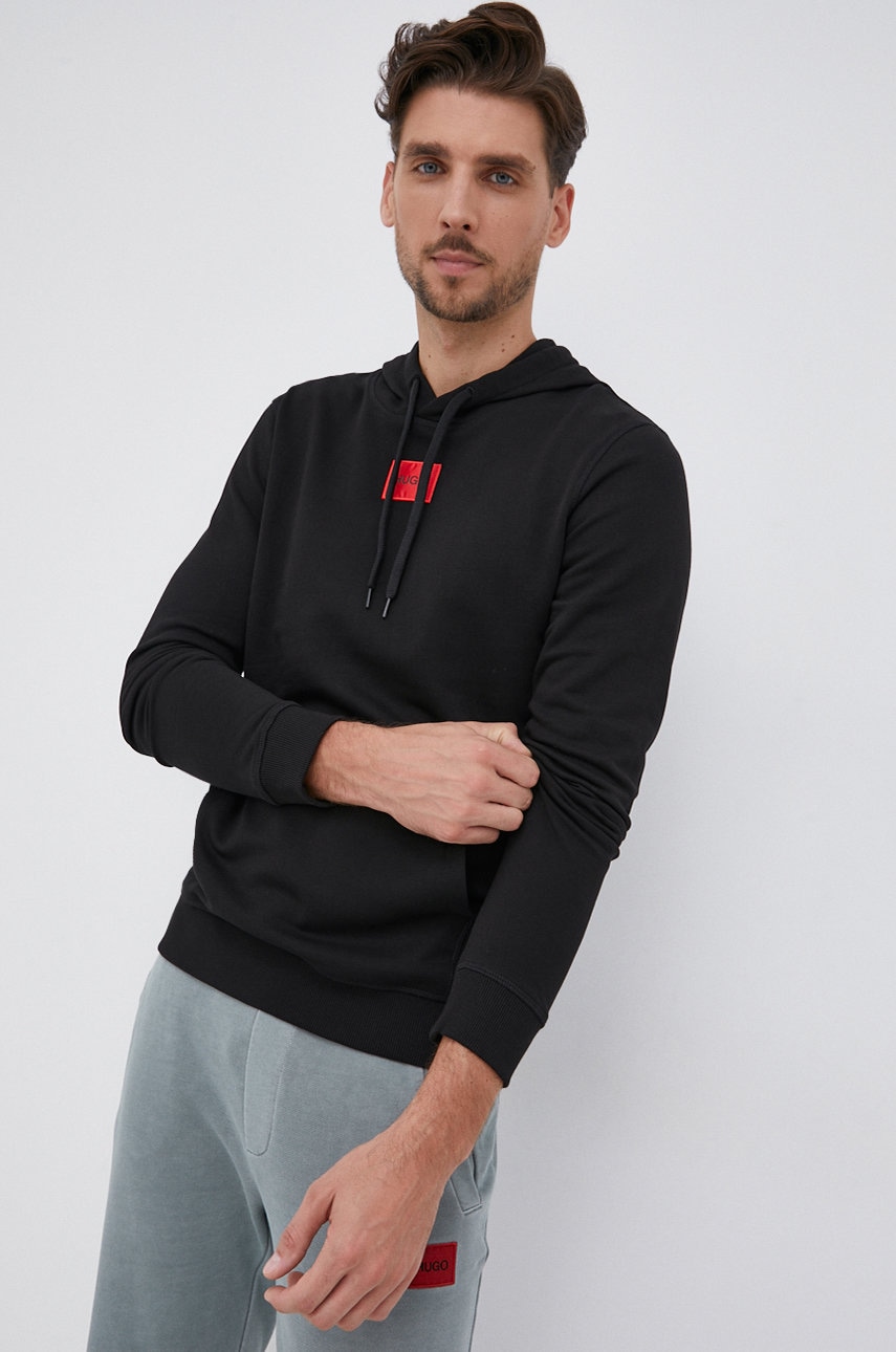 HUGO hanorac de bumbac barbati, culoarea negru, cu glugă, cu imprimeu, 50458700