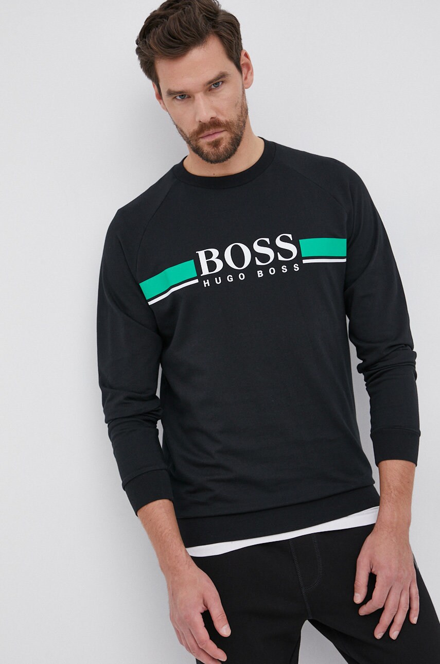 

Памучен суичър Boss мъжки в черно с принт, Черен