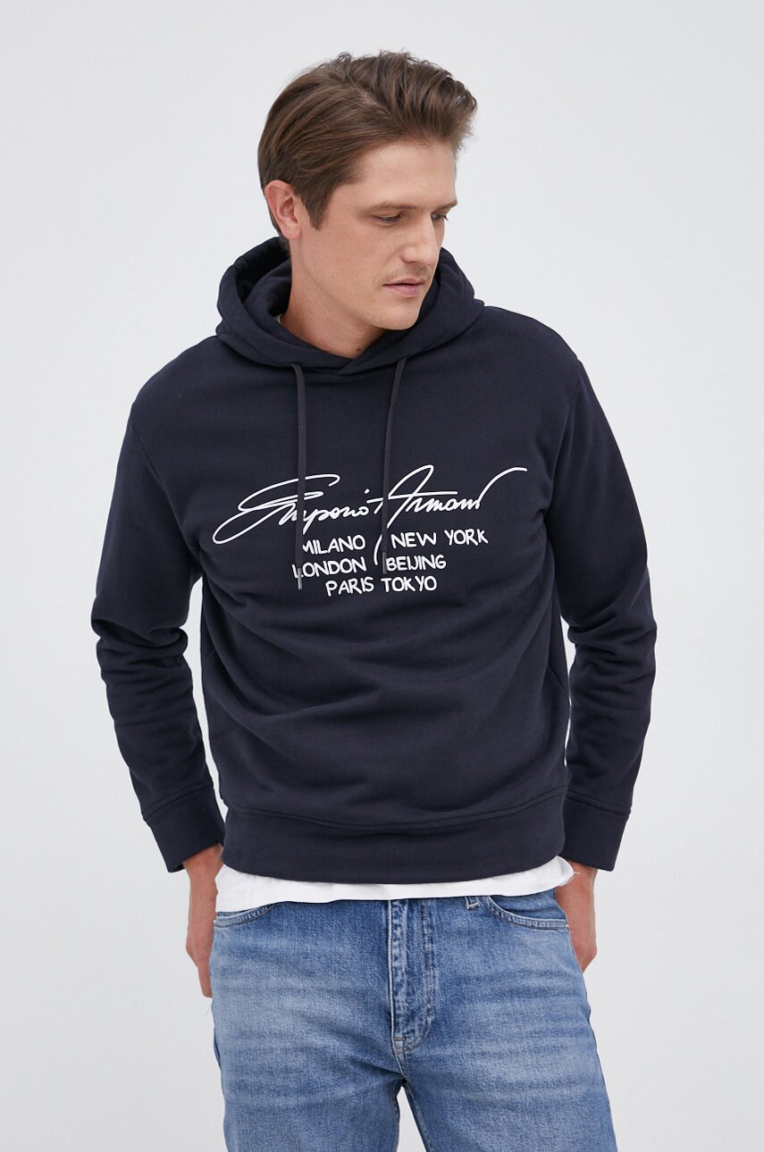 Emporio armani hanorac de bumbac bărbați, culoarea albastru marin, cu imprimeu