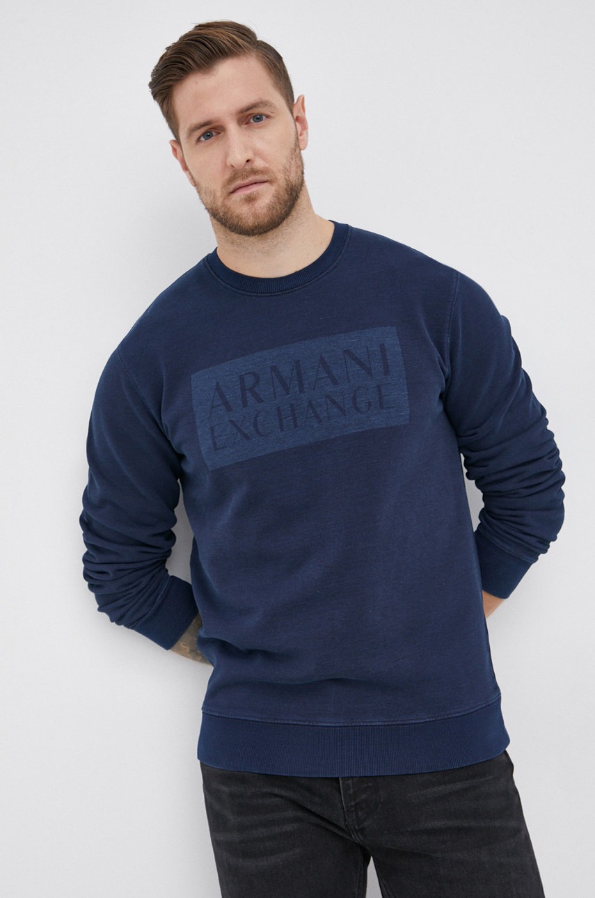 

Памучен суичър Armani Exchange мъжки в тъмносиньо с изчистен дизайн, Тъмносин