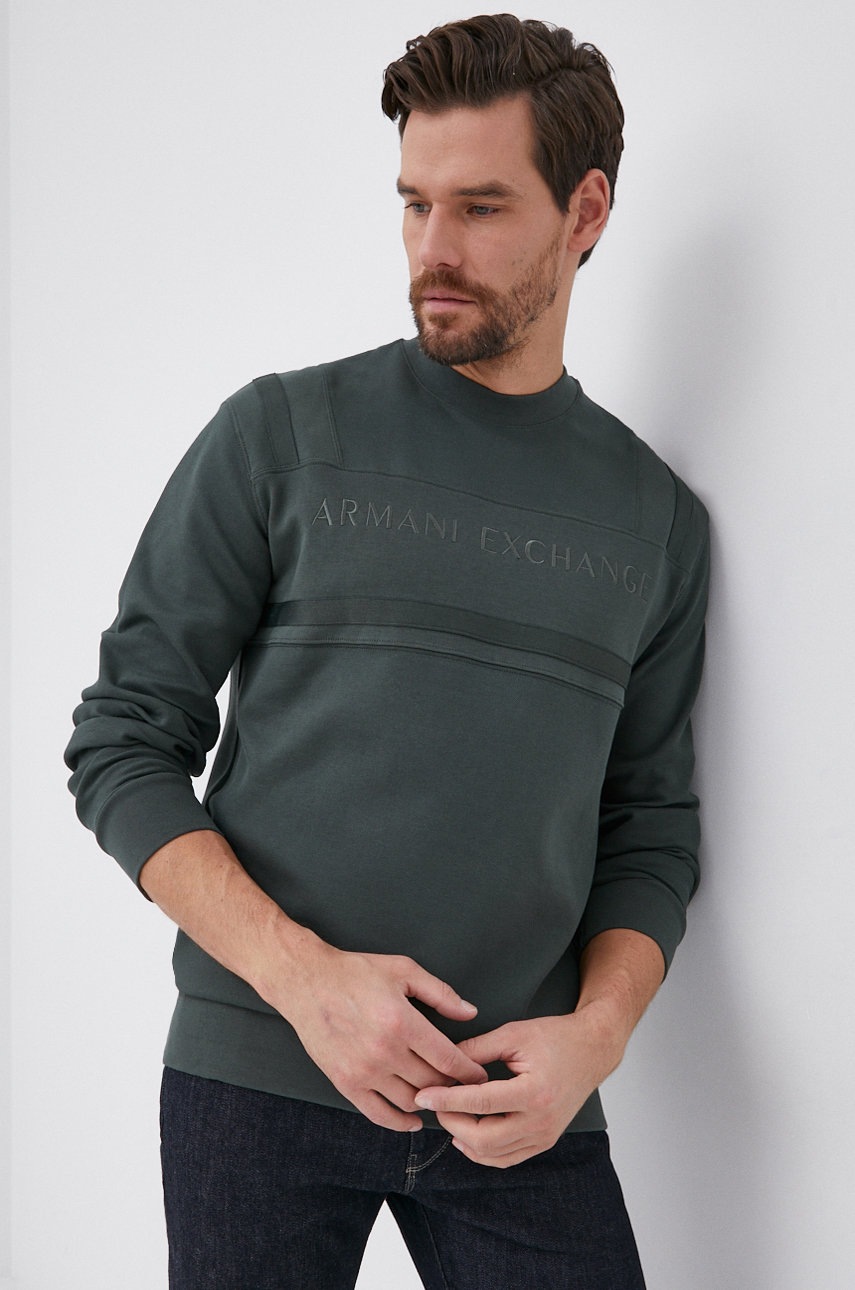 

Суичър Armani Exchange мъжки в зелено с изчистен дизайн, Зелен