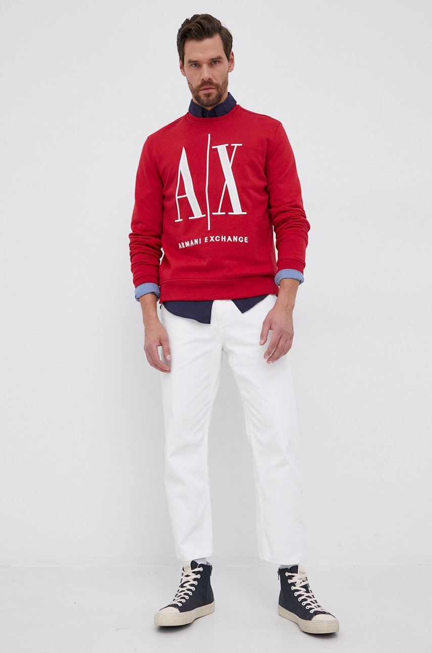 

Памучен суичър Armani Exchange мъжки в червено с апликация, Червен