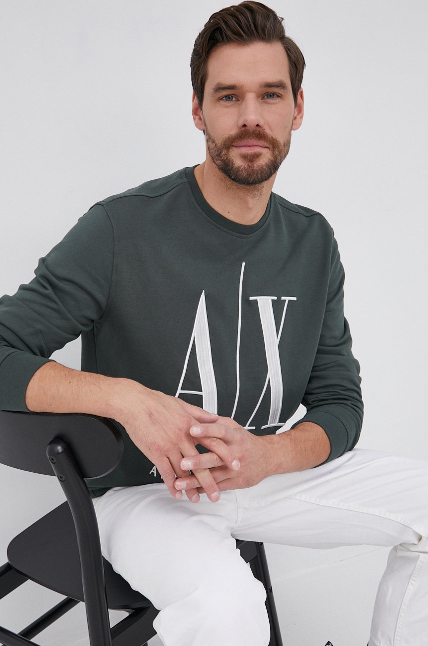 

Памучен суичър Armani Exchange мъжки в зелено с апликация, Зелен