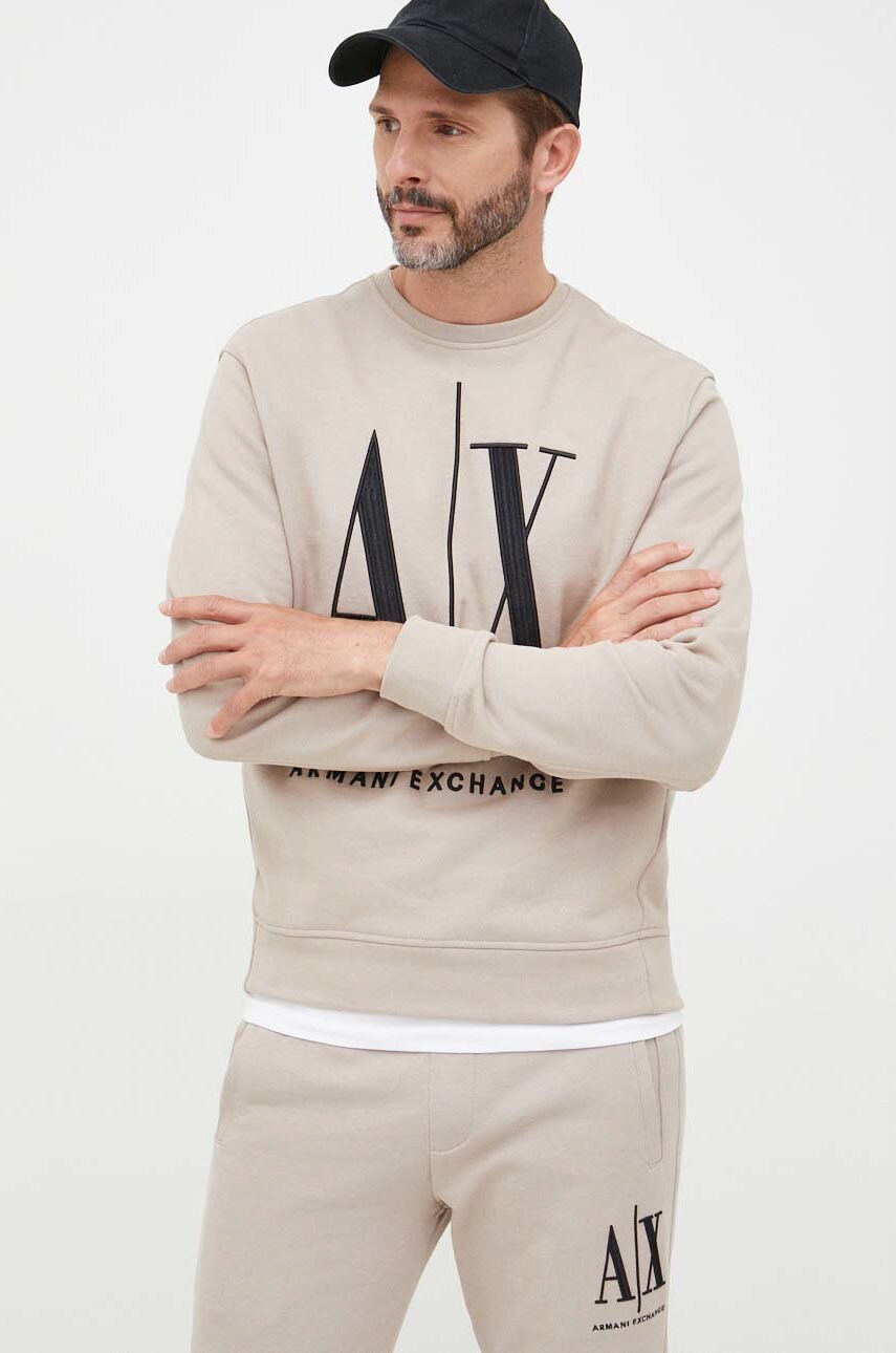 

Памучен суичър Armani Exchange в бежово с апликация, Бежов