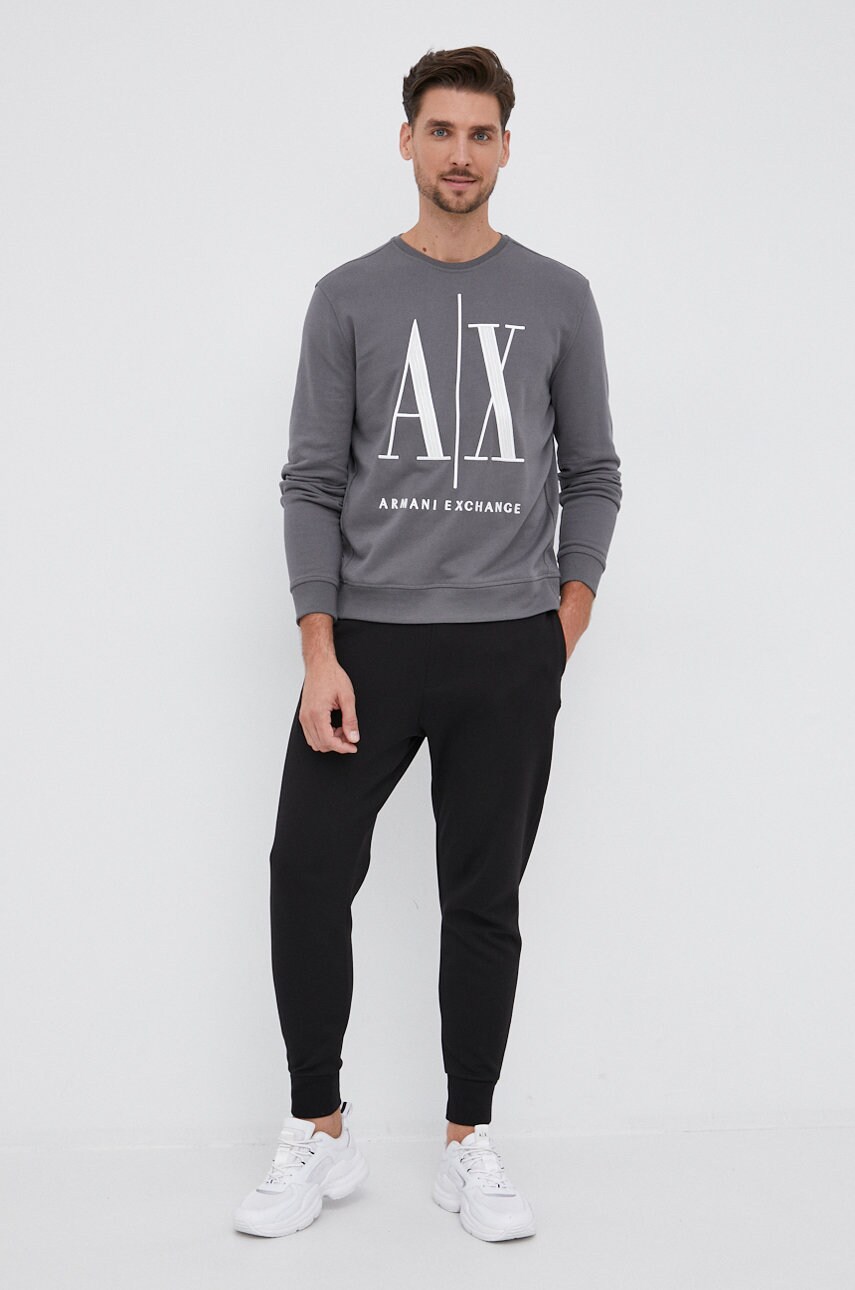 

Памучен суичър Armani Exchange мъжки в сиво с апликация, Сив