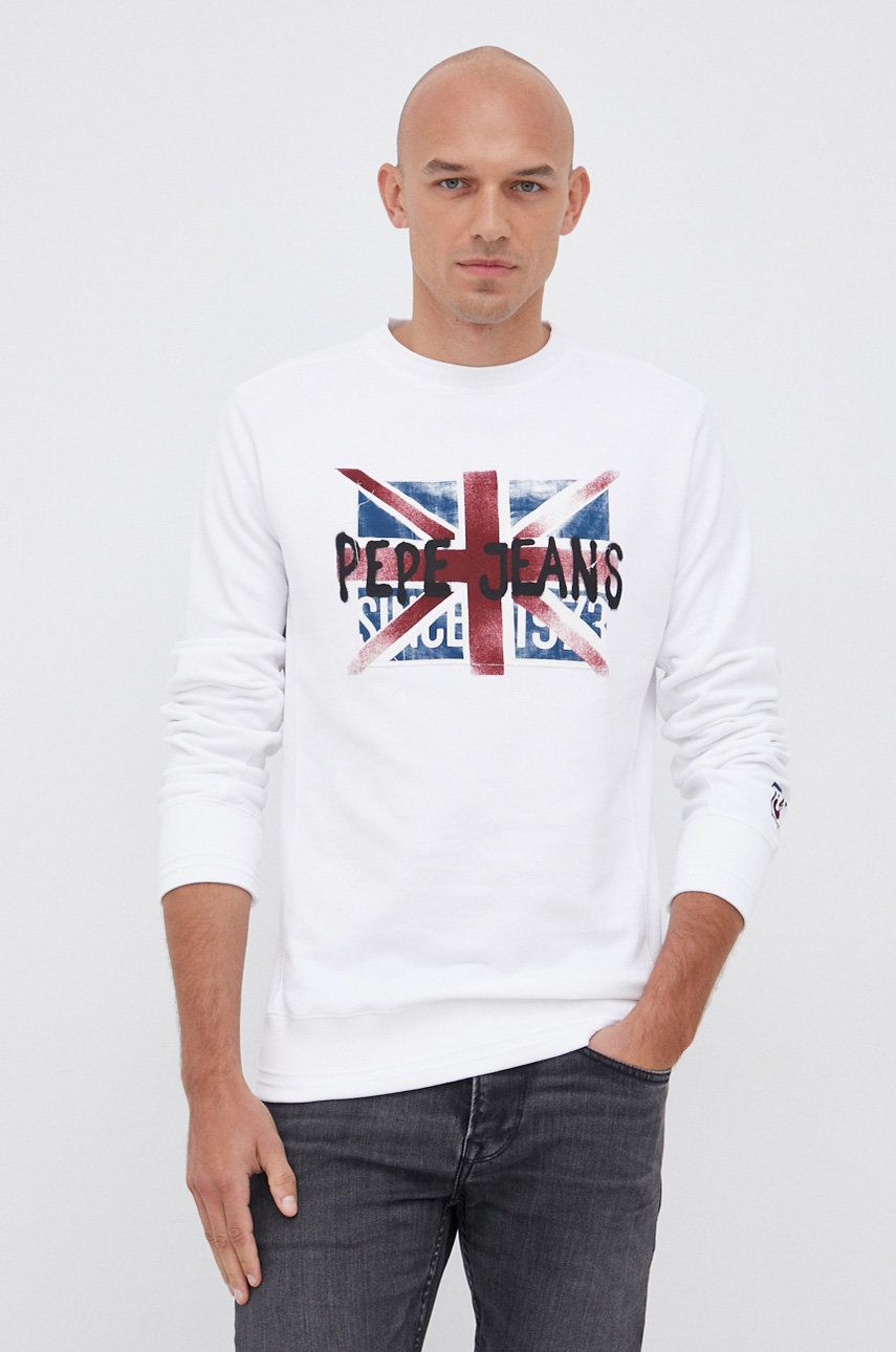 Pepe Jeans Bluza bawełniana męska kolor biały z nadrukiem