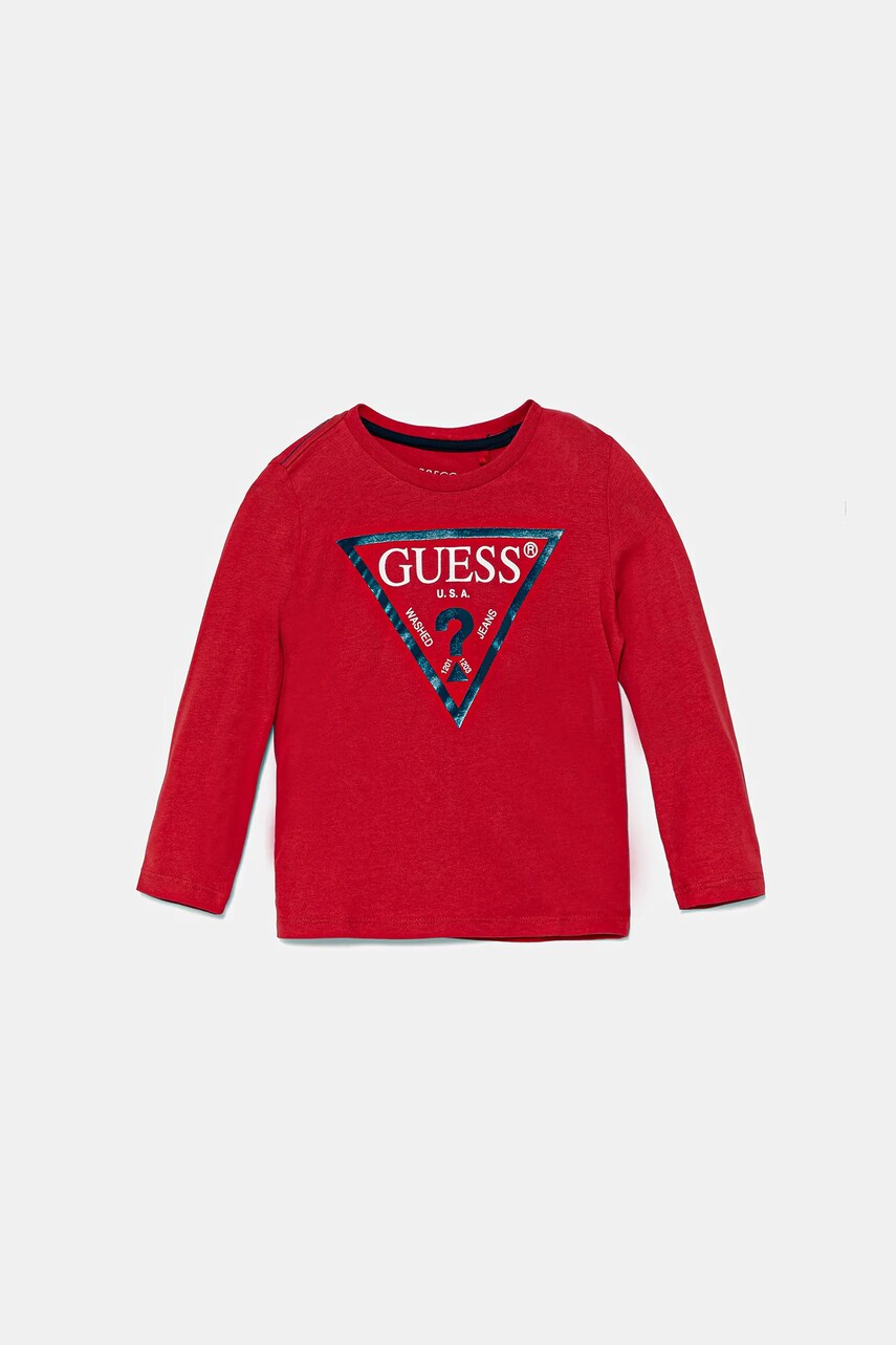 Levně Dětské tričko s dlouhým rukávem Guess červená barva, s potiskem