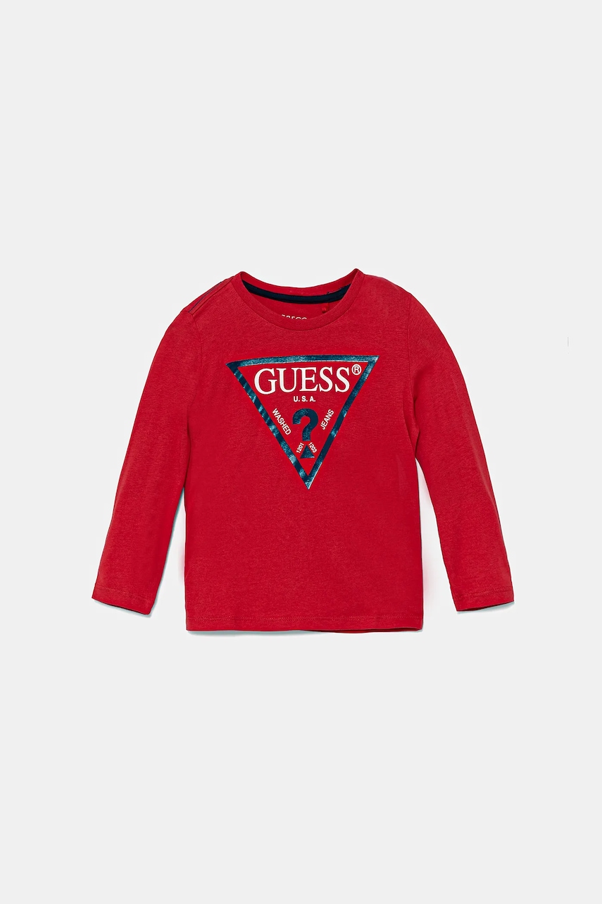 Dětské tričko s dlouhým rukávem Guess červená barva, s potiskem