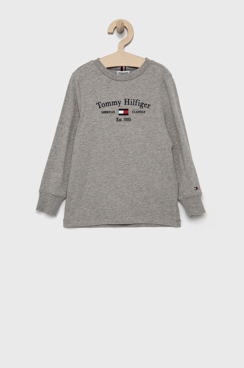 

Детска блуза с дълги ръкави Tommy Hilfiger в сиво с апликация, Сив