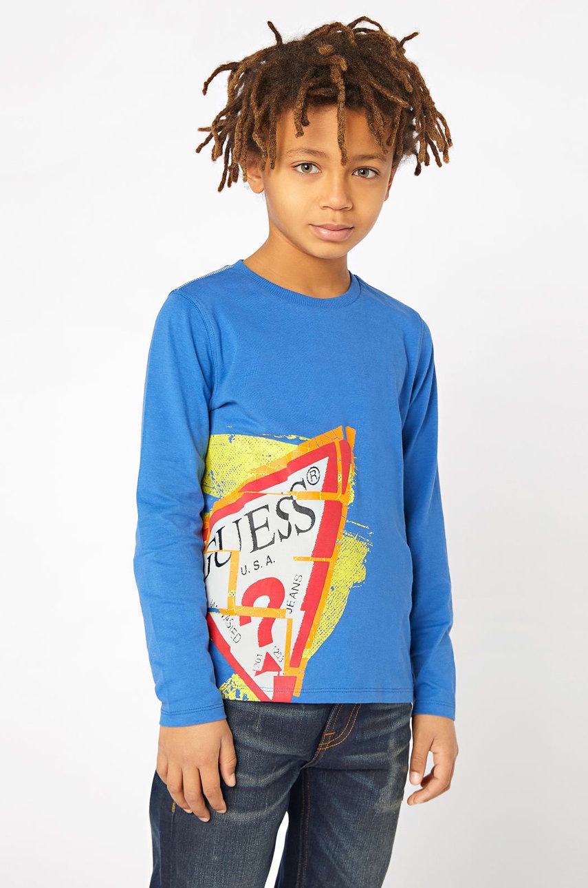 

Детска блуза с дълги ръкави Guess с принт, Син
