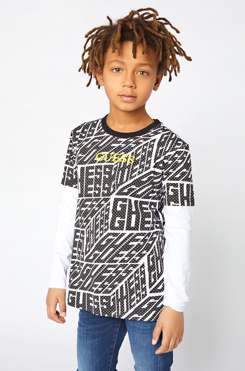 

Детска блуза с дълги ръкави Guess в черно с десен, Черен