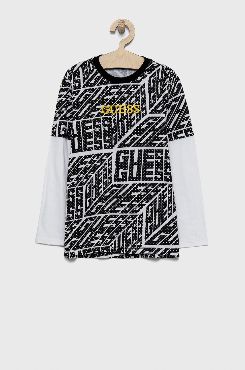 

Дитячий бавовняний лонгслів Guess колір чорний візерунок