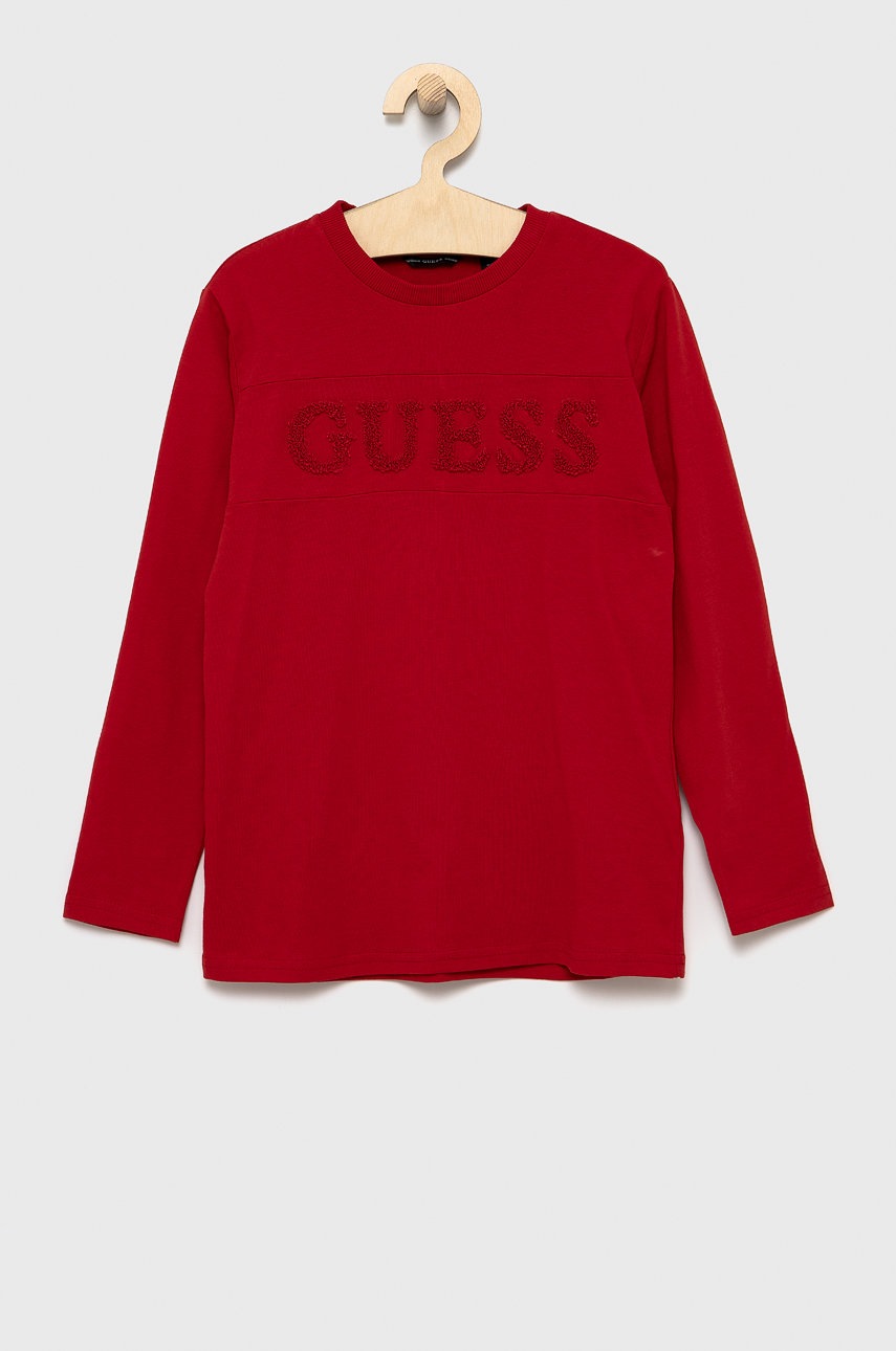 

Детска блуза с дълги ръкави Guess в червено с изчистен дизайн, Червен