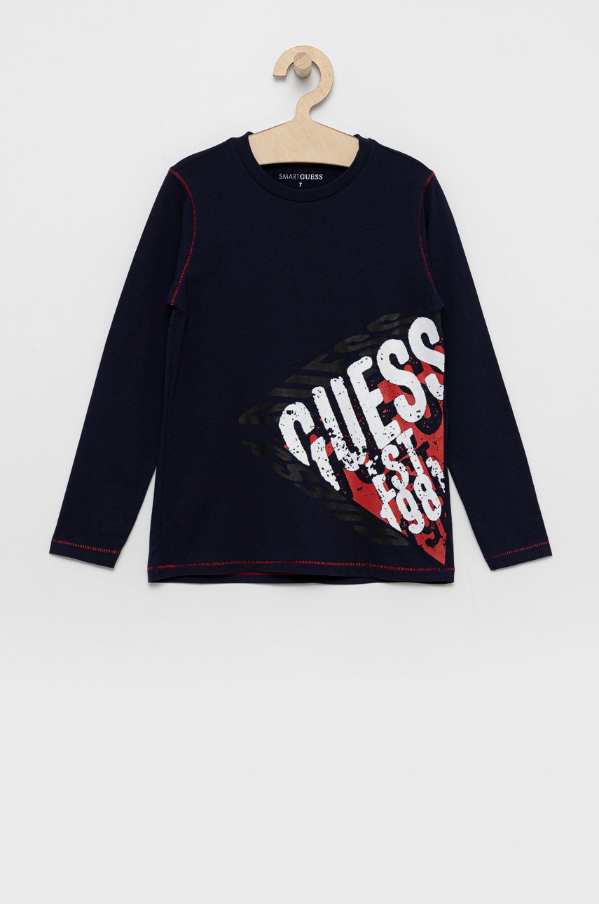 

Детска блуза с дълги ръкави Guess в тъмносиньо с принт, Тъмносин