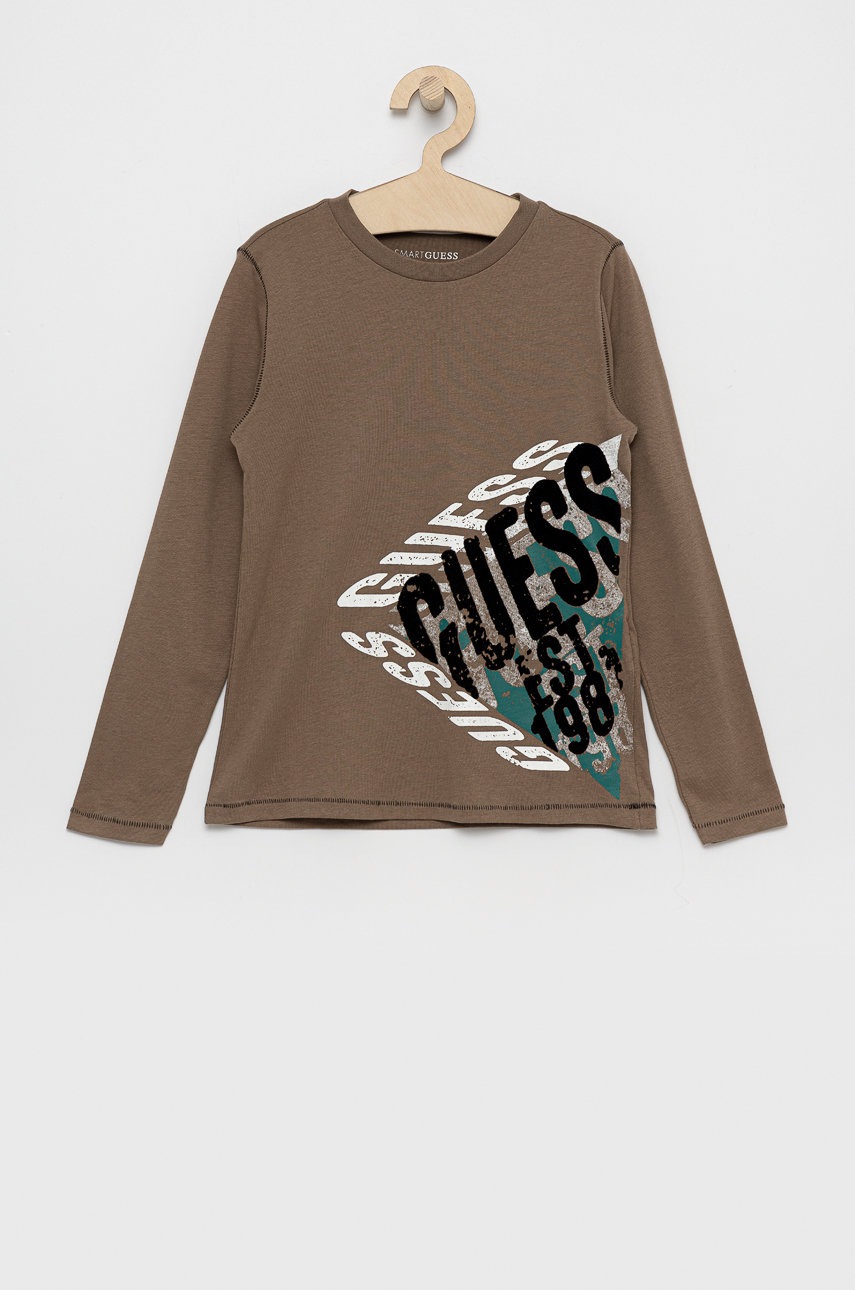 

Детска блуза с дълги ръкави Guess в кафяво с принт, Кафяв