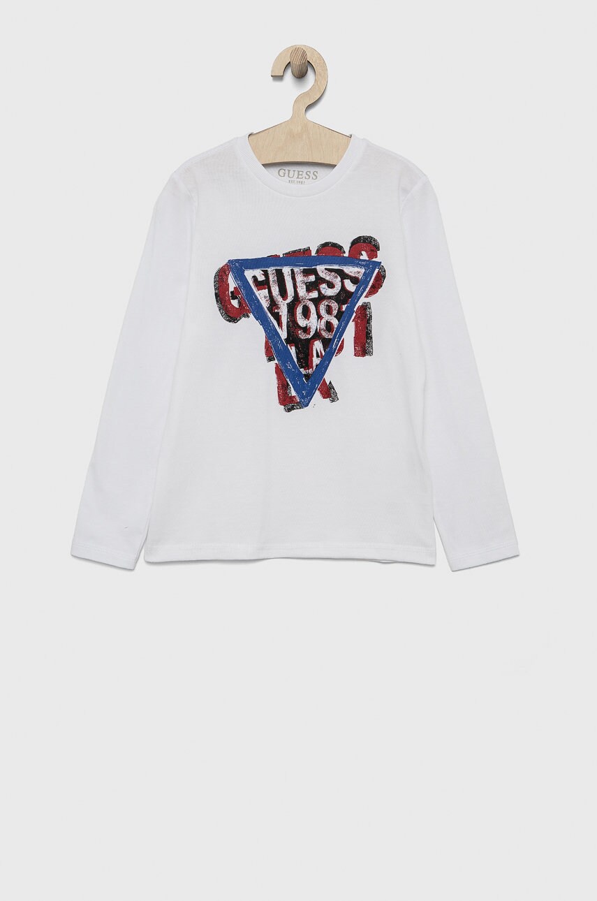 

Детска блуза с дълги ръкави Guess в бяло с принт, Бял