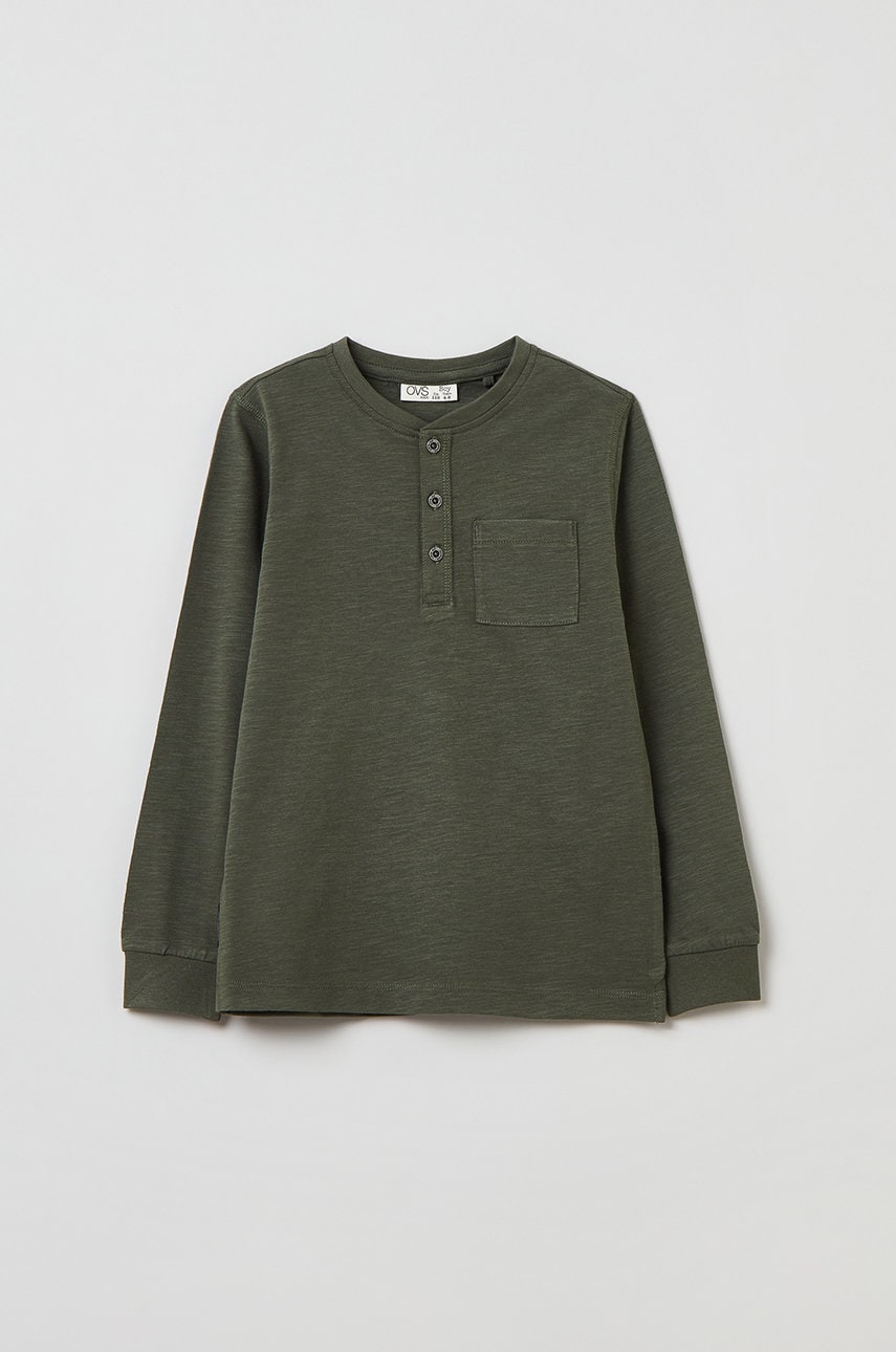 OVS longsleeve din bumbac pentru copii culoarea verde, material neted