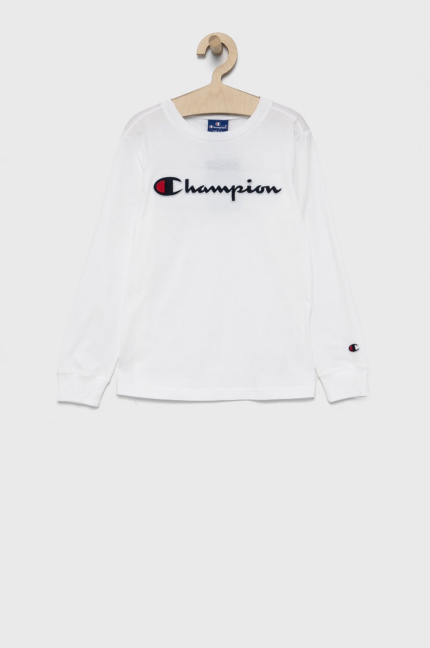 Champion longsleeve din bumbac pentru copii culoarea alb, material neted