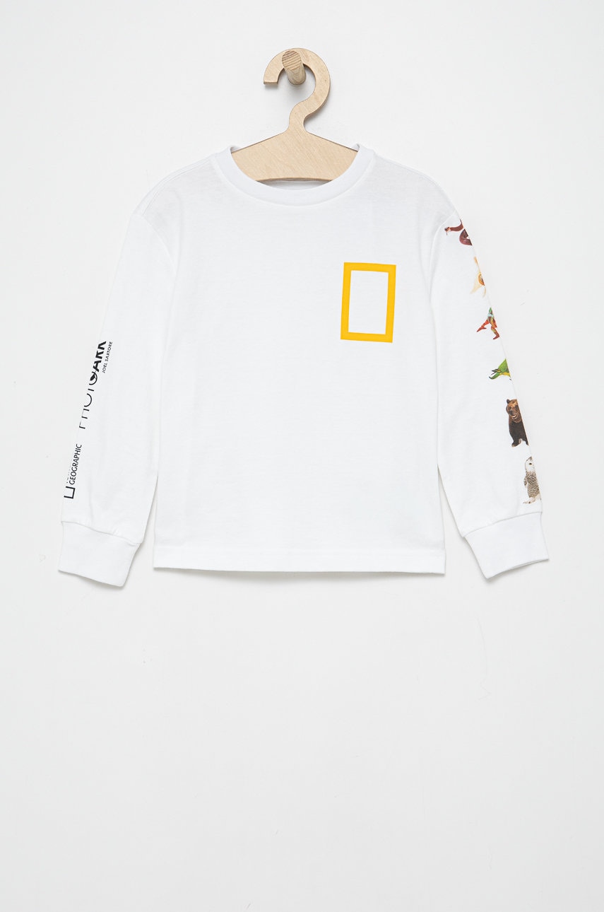Gap longsleeve din bumbac pentru copii x national geographic culoarea alb, cu imprimeu