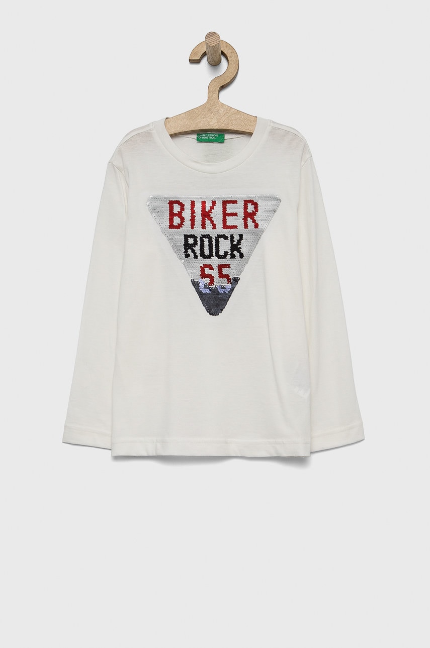 United Colors Of Benetton longsleeve din bumbac pentru copii culoarea alb, cu imprimeu