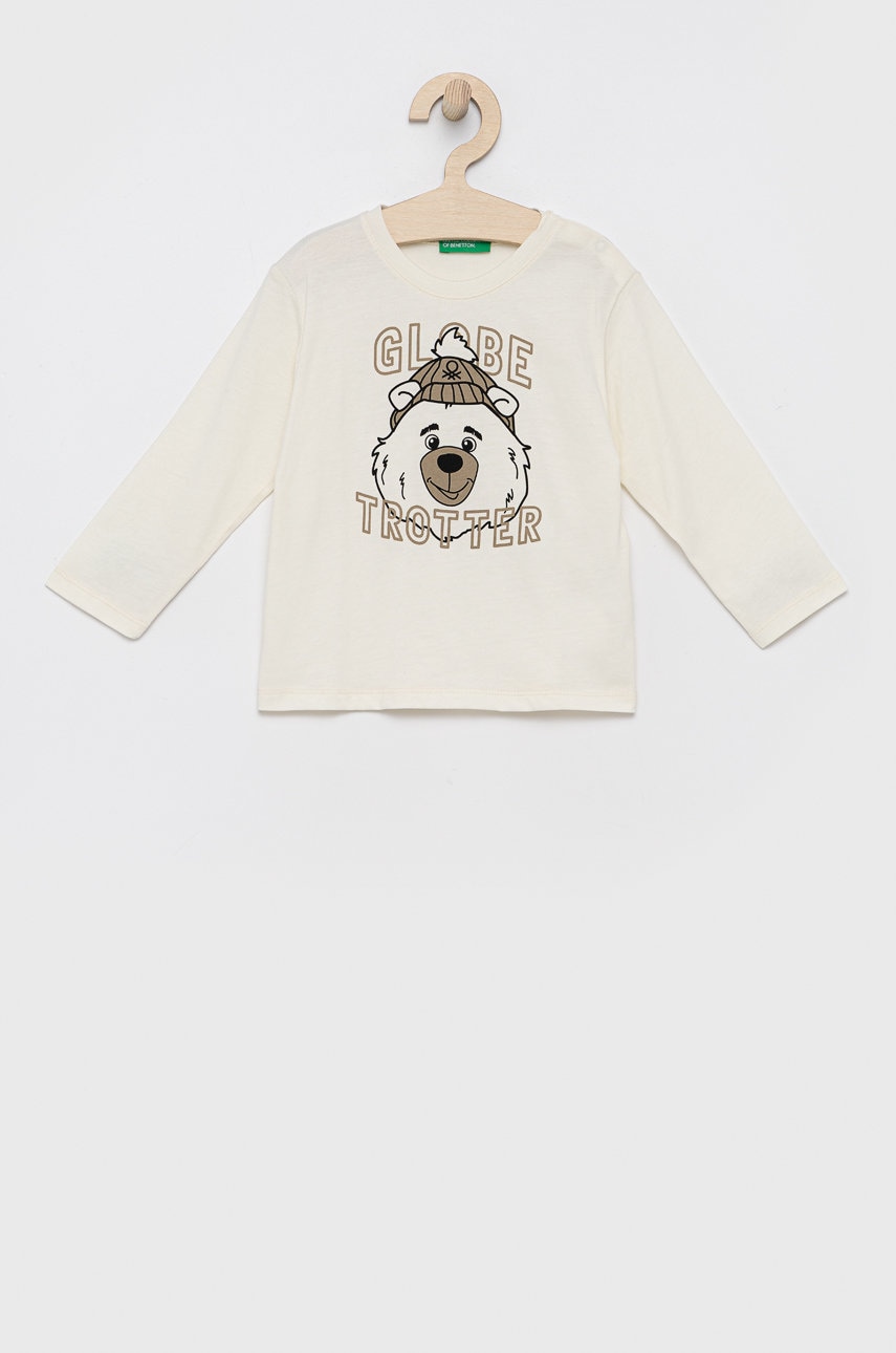 United Colors Of Benetton longsleeve din bumbac pentru copii culoarea crem, cu imprimeu
