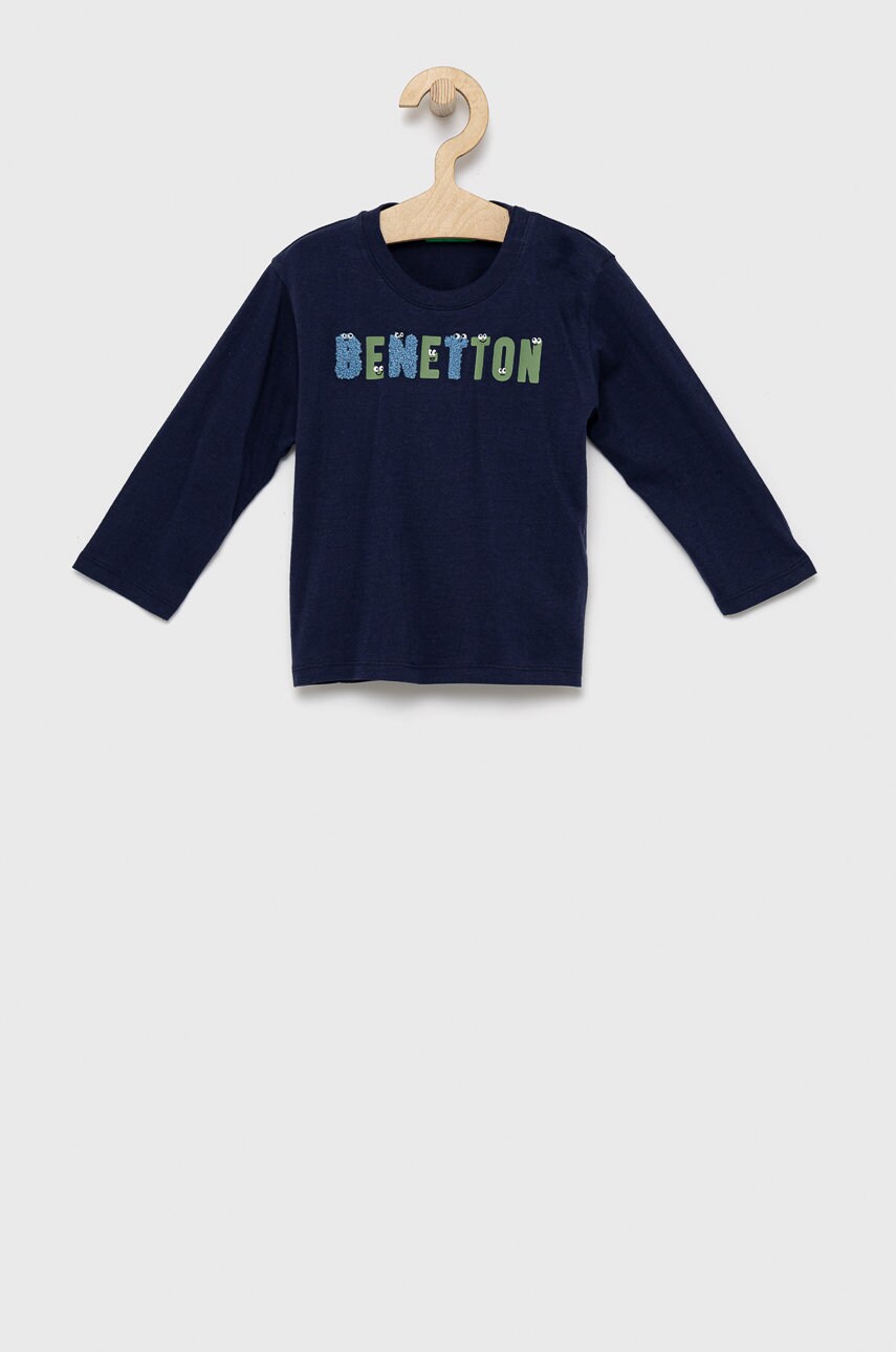 United Colors Of Benetton longsleeve din bumbac pentru copii culoarea albastru marin, cu imprimeu