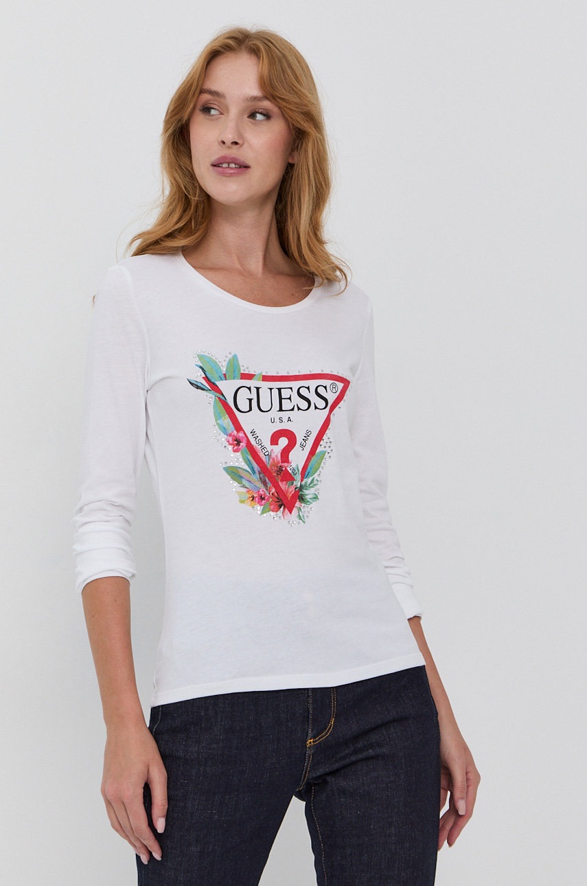 

Памучна блуза с дълги ръкави Guess в бяло, Бял