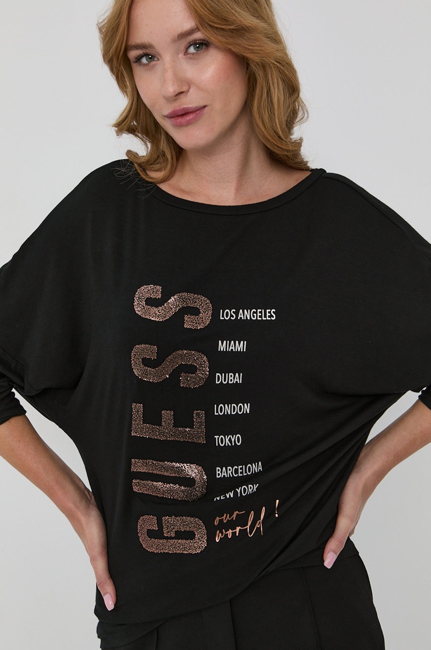 

Блуза с дълги ръкави Guess дамска в черно, Черен