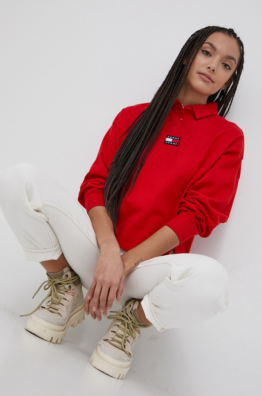 

Памучна блуза с дълги ръкави Tommy Jeans в черно с яка тип peter pan, Червен