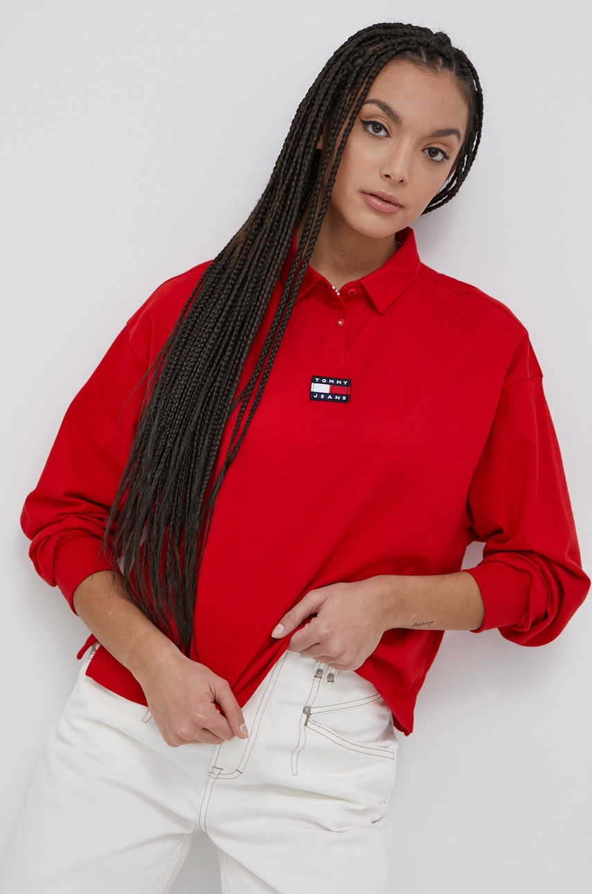 

Хлопковый лонгслив Tommy Jeans цвет чёрный с воротником