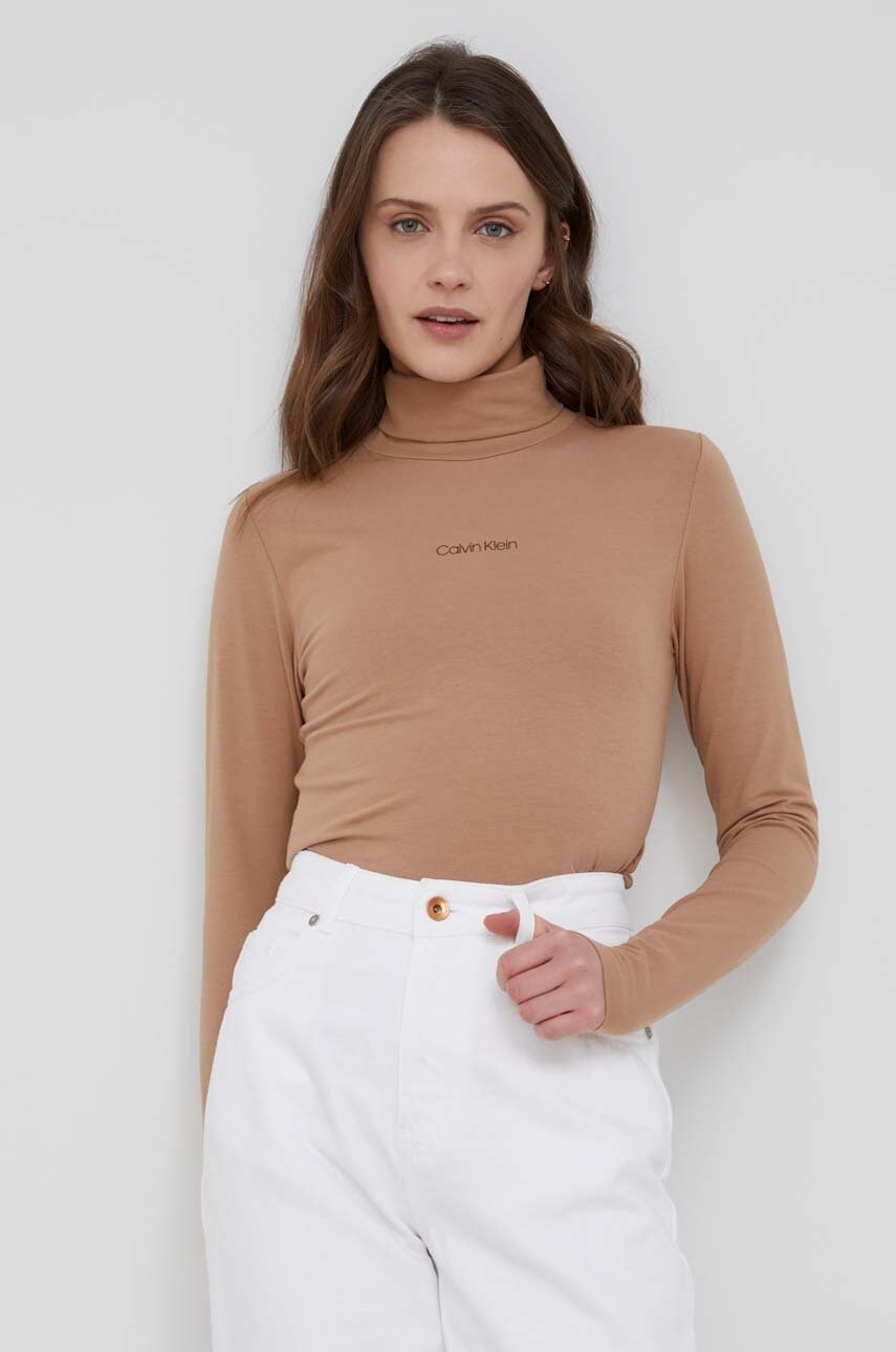

Блуза с дълги ръкави Calvin Klein дамска в кафяво с поло, Кафяв