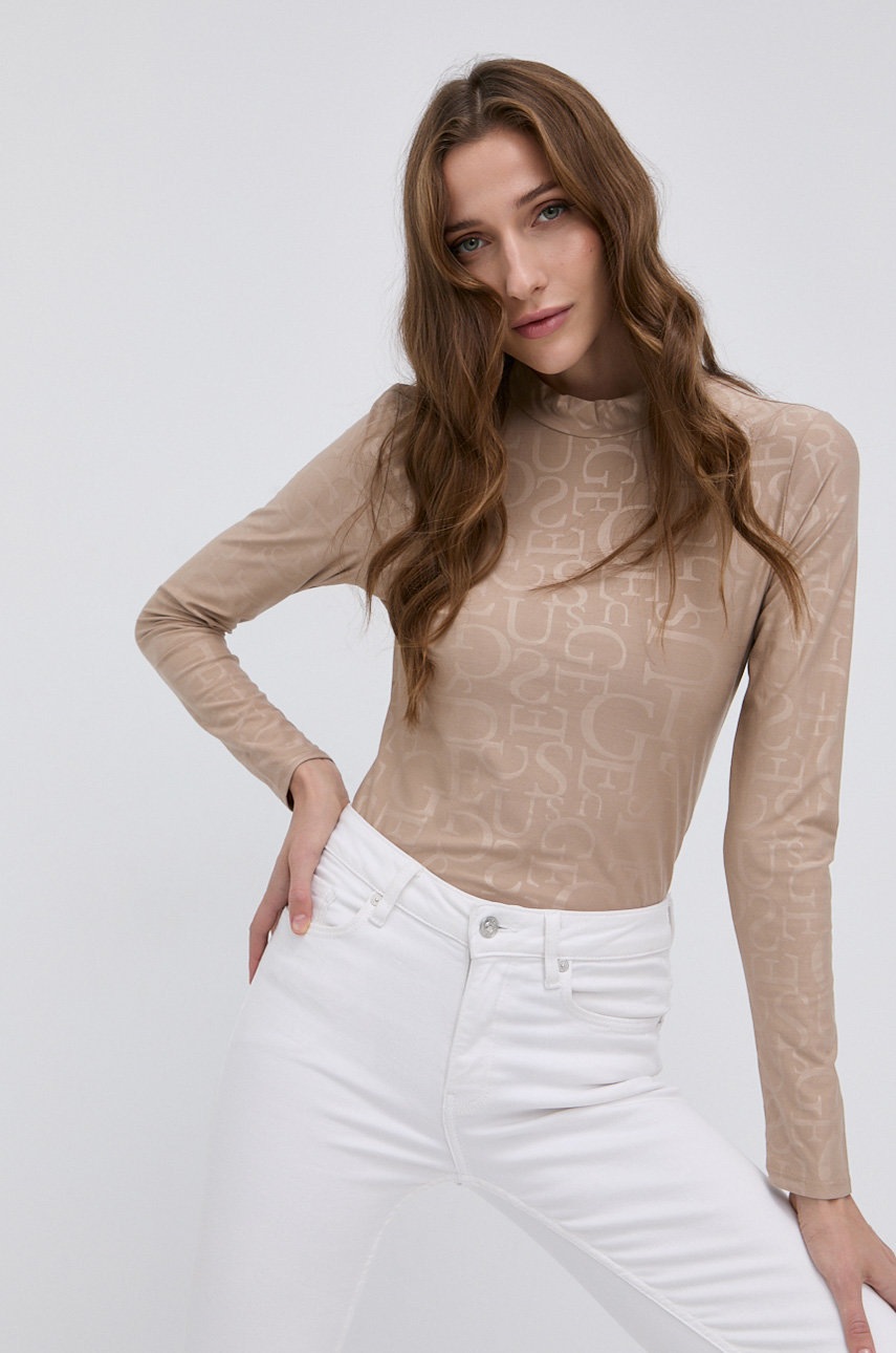 

Блуза с дълги ръкави Guess дамска с ниско поло, Бежов