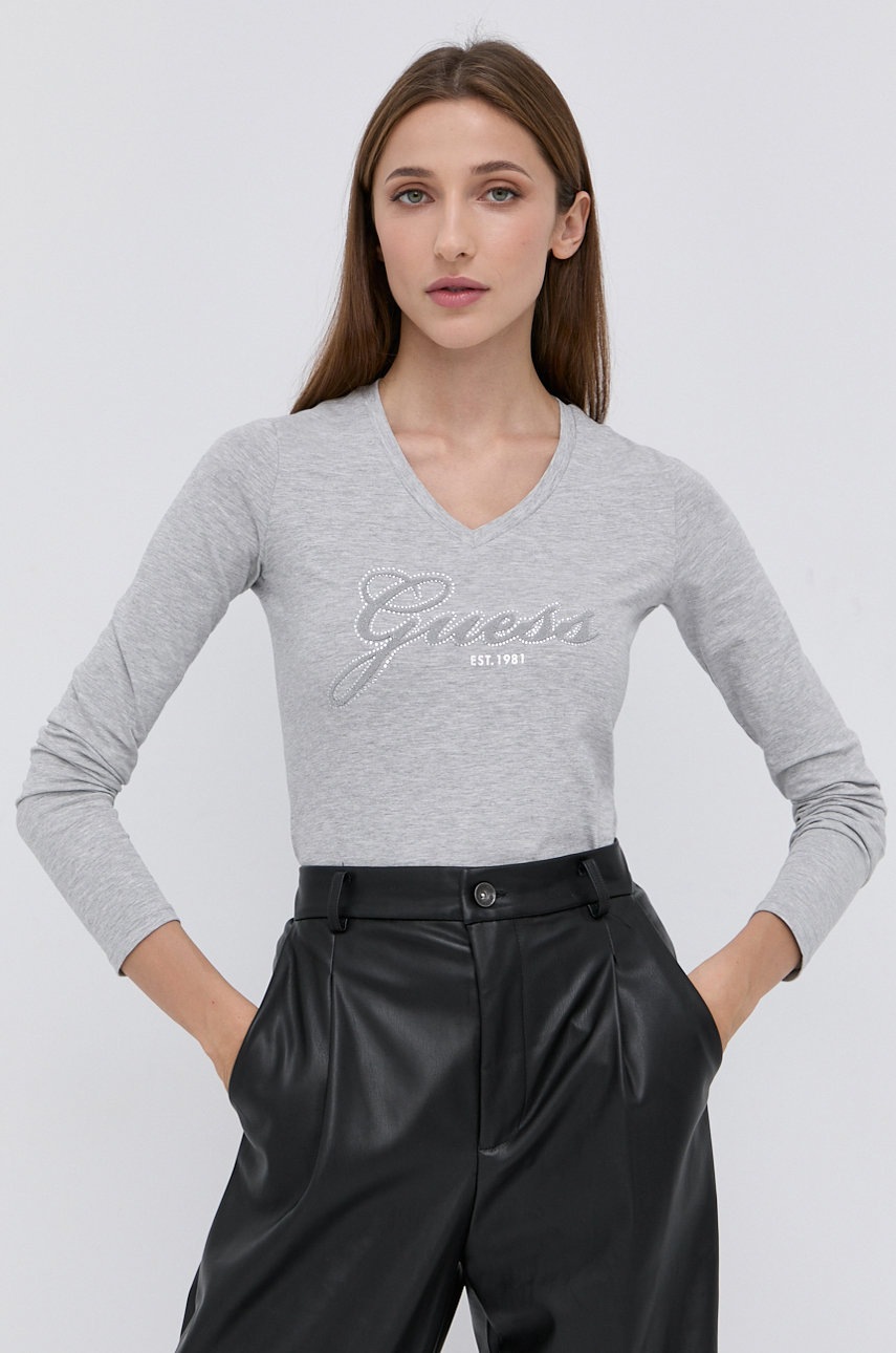 

Блуза с дълги ръкави Guess дамска в сиво, Сив