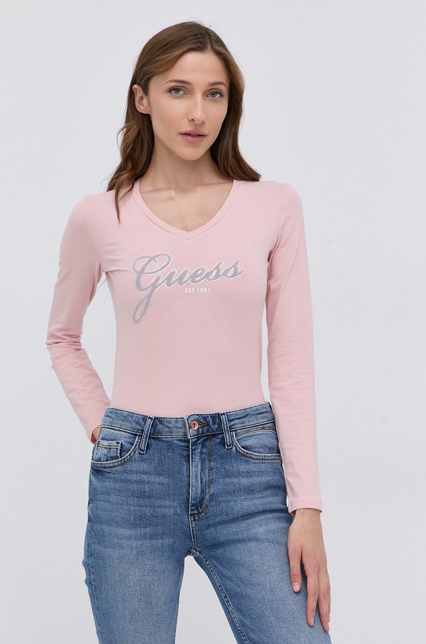 

Блуза с дълги ръкави Guess дамска в розово, Розов