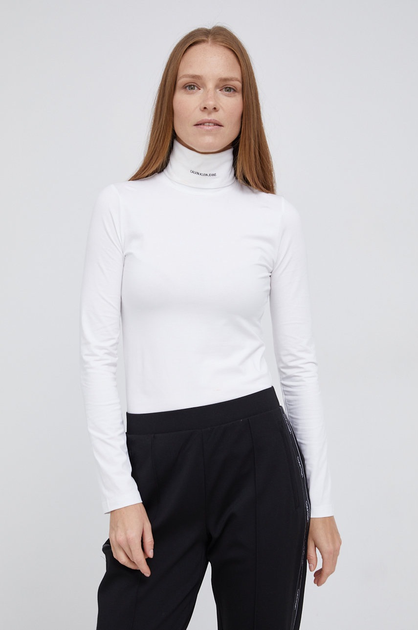 

Блуза с дълги ръкави Calvin Klein Jeans дамска в бяло с поло, Бял